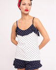 Pigiama corto da donna in cotone con volant stampa pois pin-up Muydemi