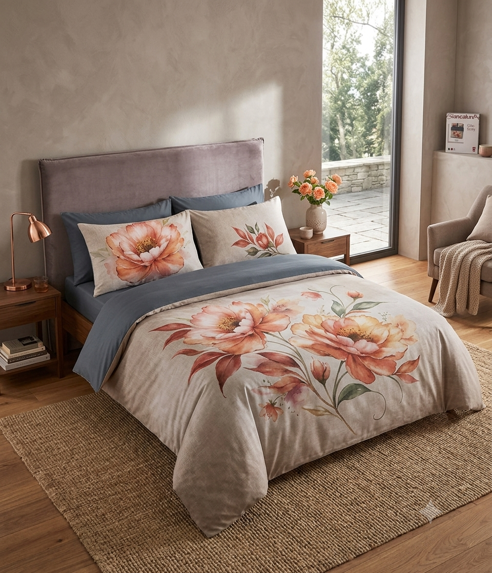 Completo lenzuola matrimoniale effetto copriletto Peachy flower