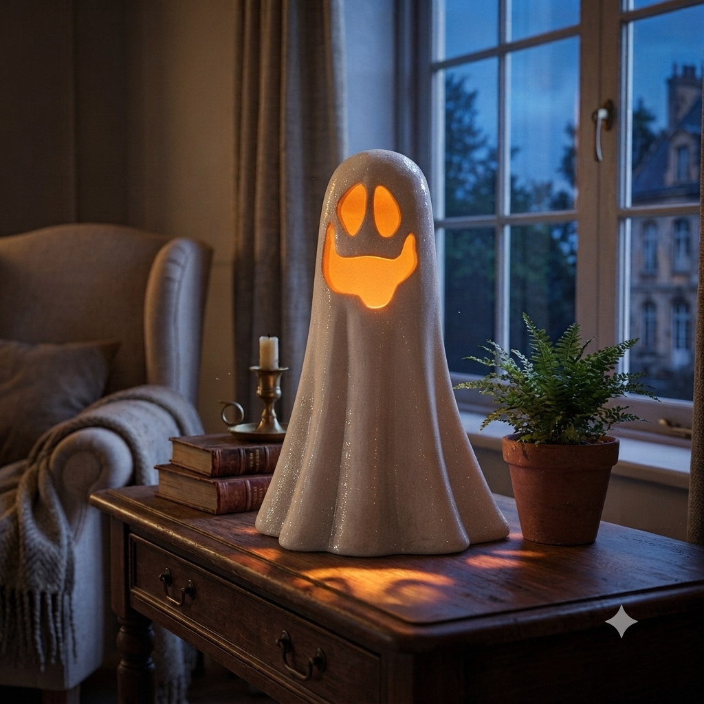 Statuetta fantasma spettro autunno halloween con luce led altezza 39 cm